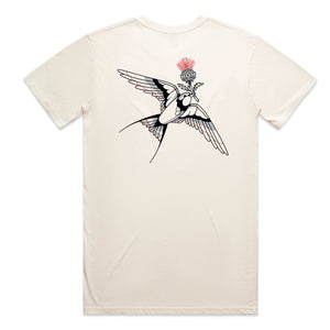 White t-shirt with black and red graphic design on a white background
