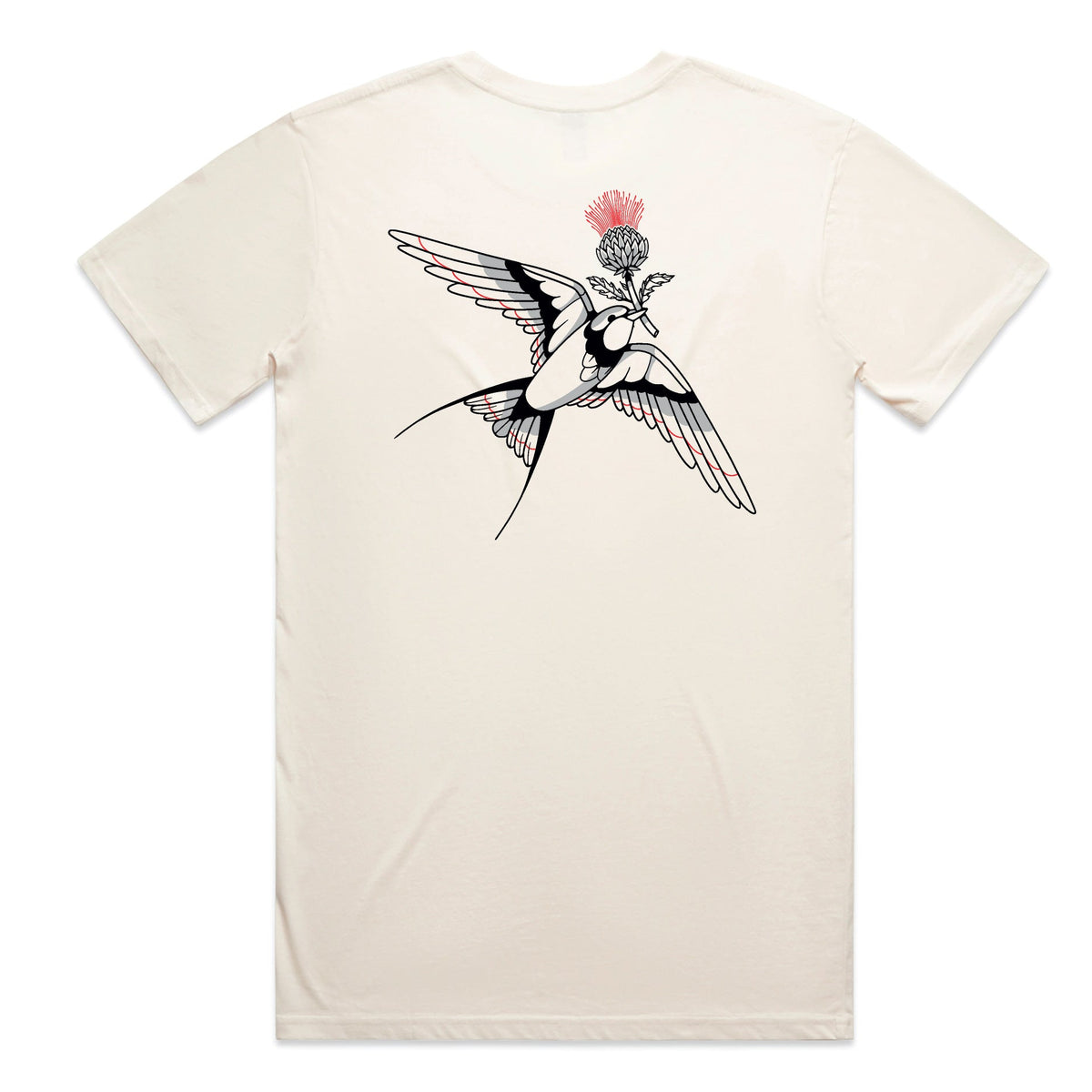 White t-shirt with black and red graphic design on a white background
